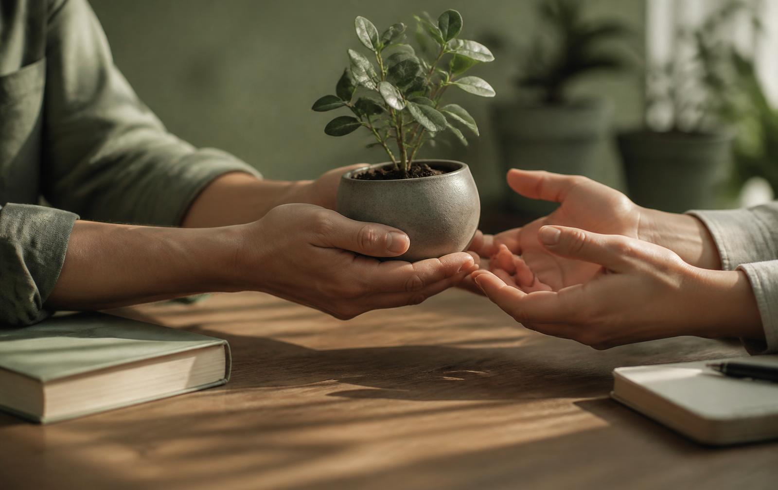 Two people passing a small potted seedling across a sunlit table